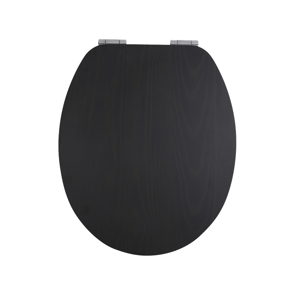 Black MDF toilet seat with natural grain pattern on a black background Black MDF toilet seat with natural grain pattern on a black background
