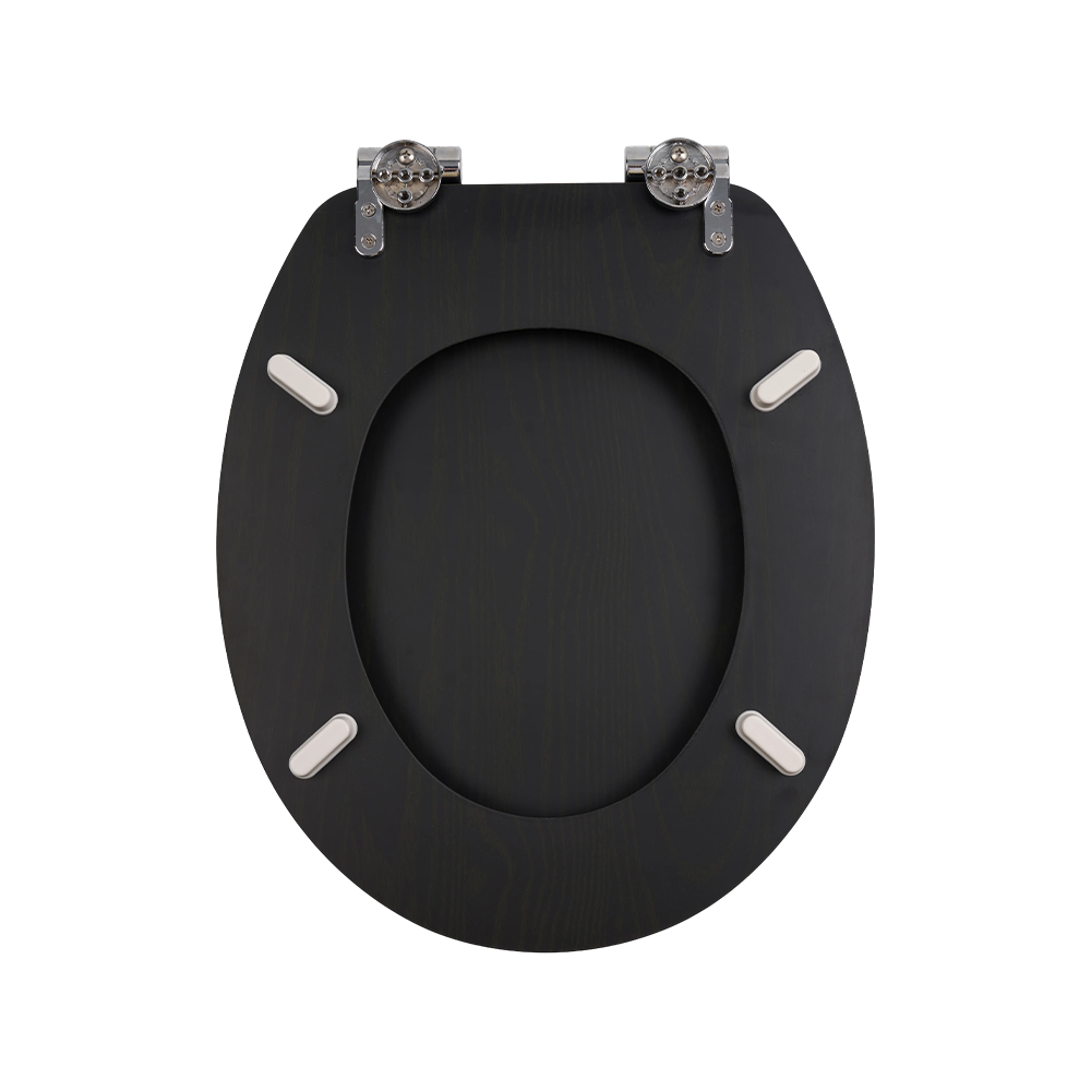 Black MDF toilet seat with natural grain pattern on a black background Black MDF toilet seat with natural grain pattern on a black background