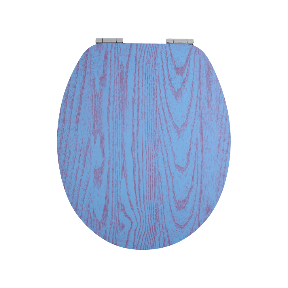 Flat MDF toilet seat with red natural grain on a blue background Flat MDF toilet seat with red natural grain on a blue background