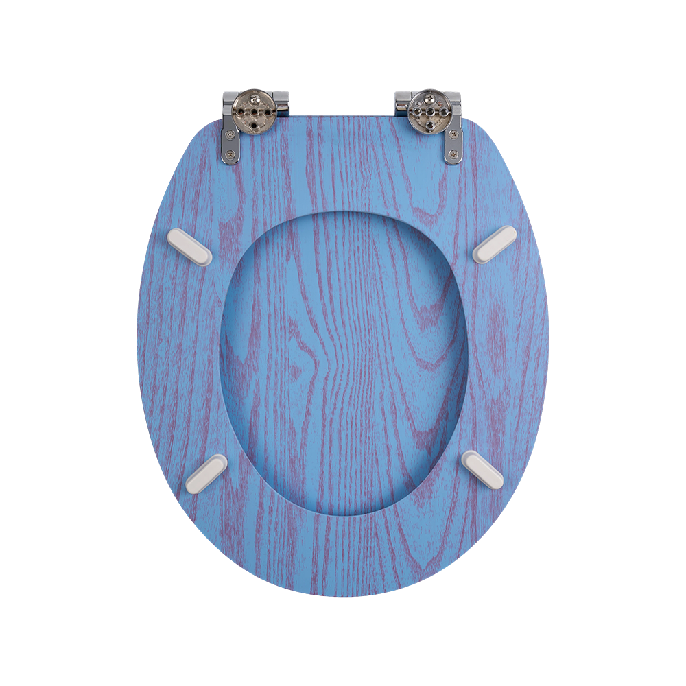 Flat MDF toilet seat with red natural grain on a blue background Flat MDF toilet seat with red natural grain on a blue background