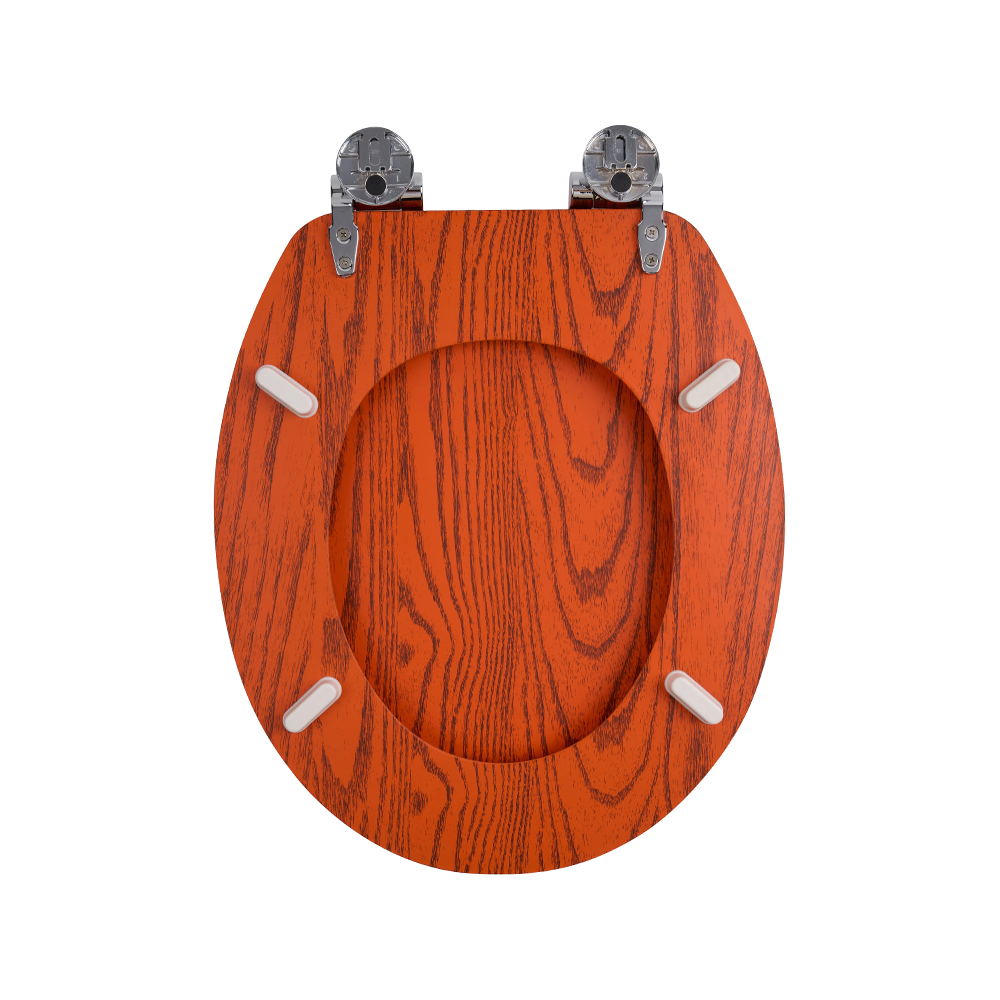 Flat MDF toilet seat with black natural grain on an orange background Flat MDF toilet seat with black natural grain on an orange background