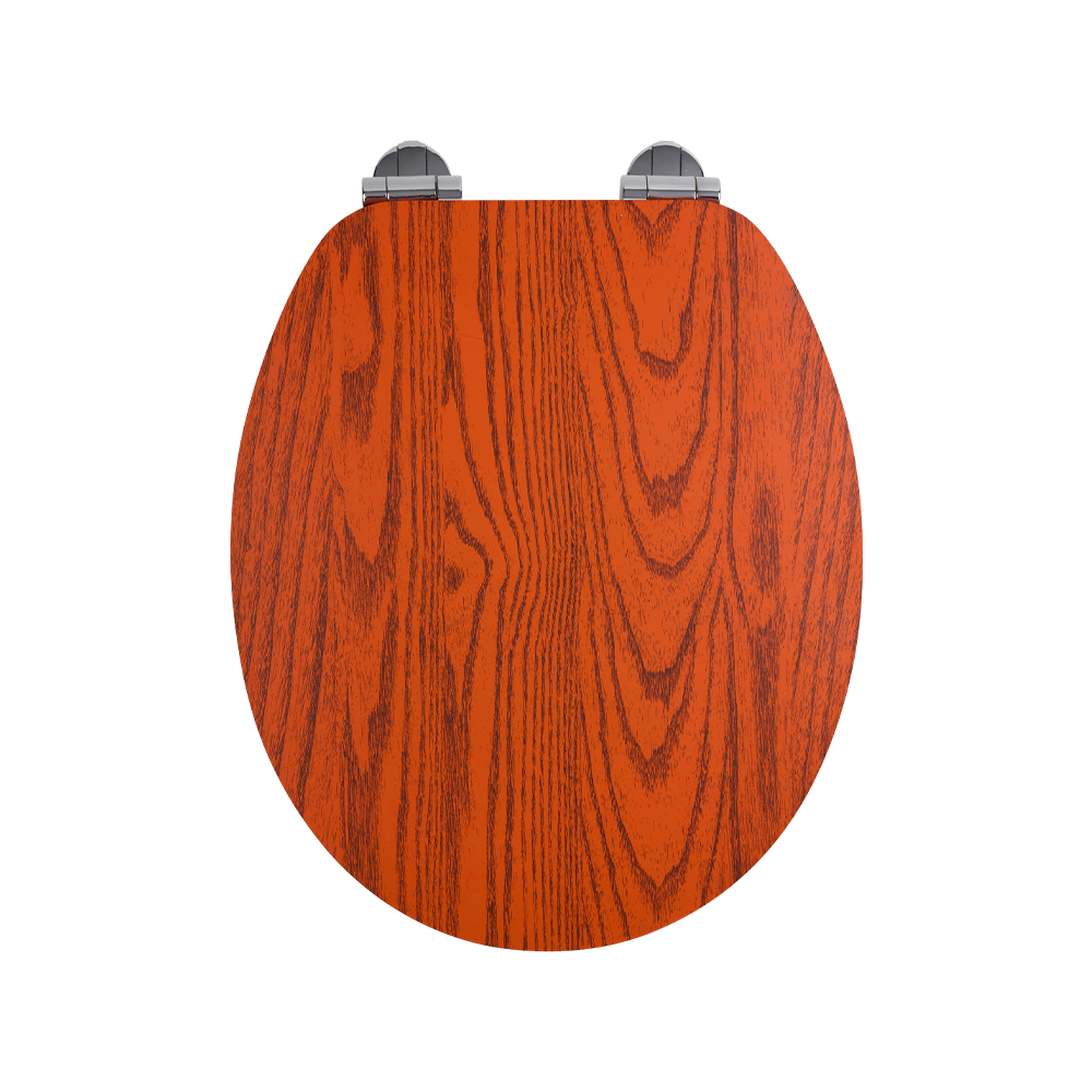 Flat MDF toilet seat with black natural grain on an orange background Flat MDF toilet seat with black natural grain on an orange background