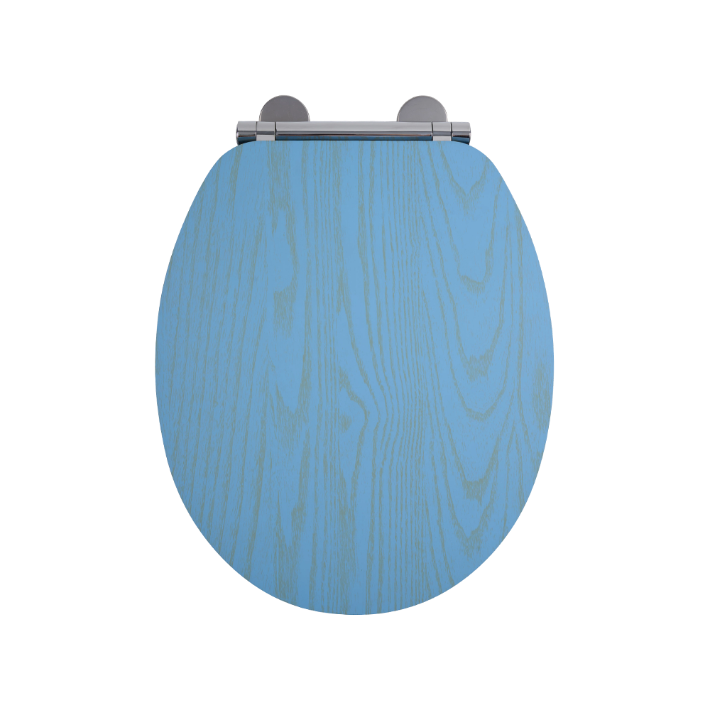 Flat MDF toilet seat with natural yellow grain on a blue background Flat MDF toilet seat with natural yellow grain on a blue background