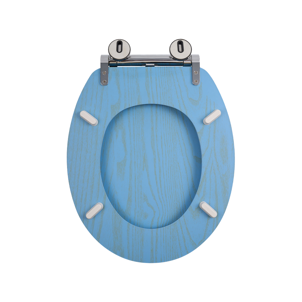 Flat MDF toilet seat with natural yellow grain on a blue background Flat MDF toilet seat with natural yellow grain on a blue background