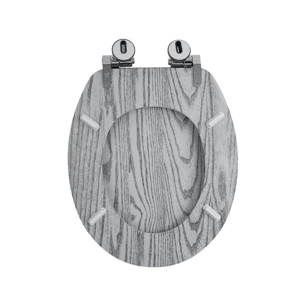 Flat MDF toilet seat with black natural grain on a gray background Flat MDF toilet seat with black natural grain on a gray background