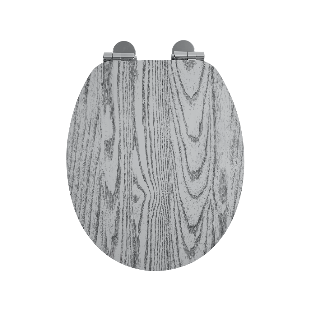Flat MDF toilet seat with black natural grain on a gray background Flat MDF toilet seat with black natural grain on a gray background