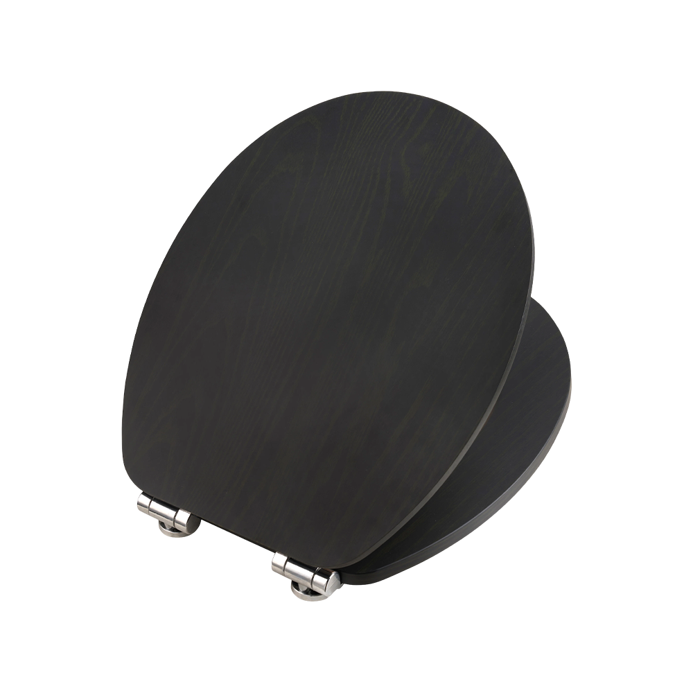 Black MDF toilet seat with natural grain pattern on a black background Black MDF toilet seat with natural grain pattern on a black background