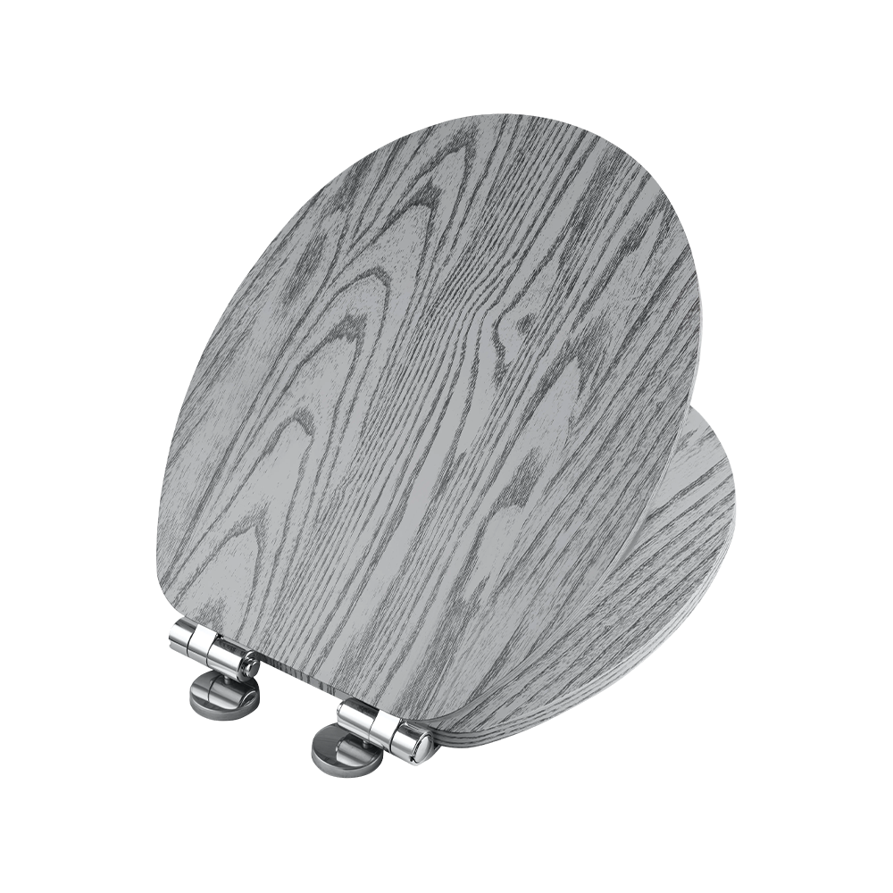 Flat MDF toilet seat with black natural grain on a gray background Flat MDF toilet seat with black natural grain on a gray background