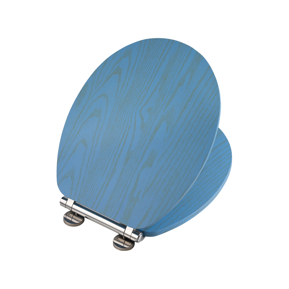 Flat MDF toilet seat with natural yellow grain on a blue background Flat MDF toilet seat with natural yellow grain on a blue background