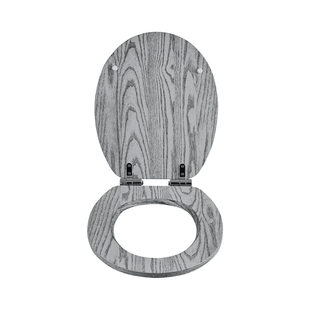 Flat MDF toilet seat with black natural grain on a gray background Flat MDF toilet seat with black natural grain on a gray background