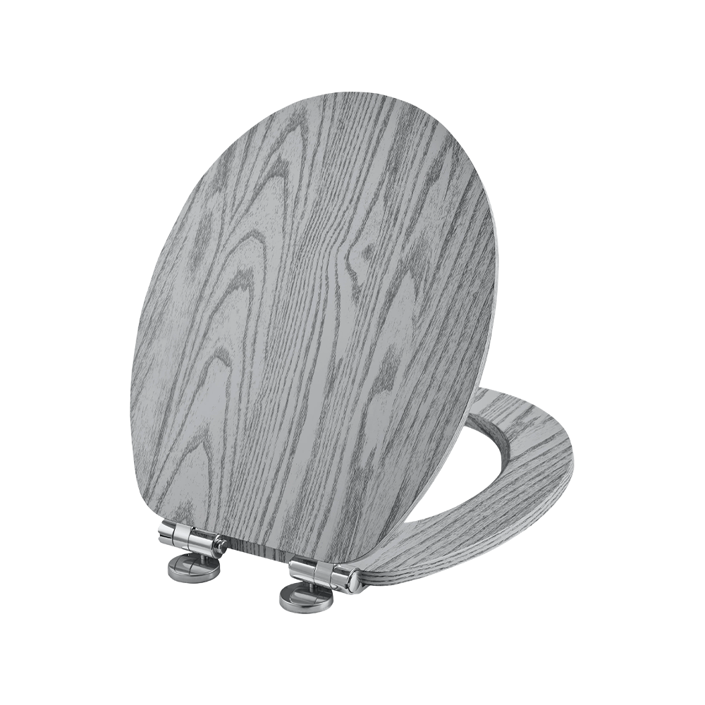 Flat MDF toilet seat with black natural grain on a gray background Flat MDF toilet seat with black natural grain on a gray background