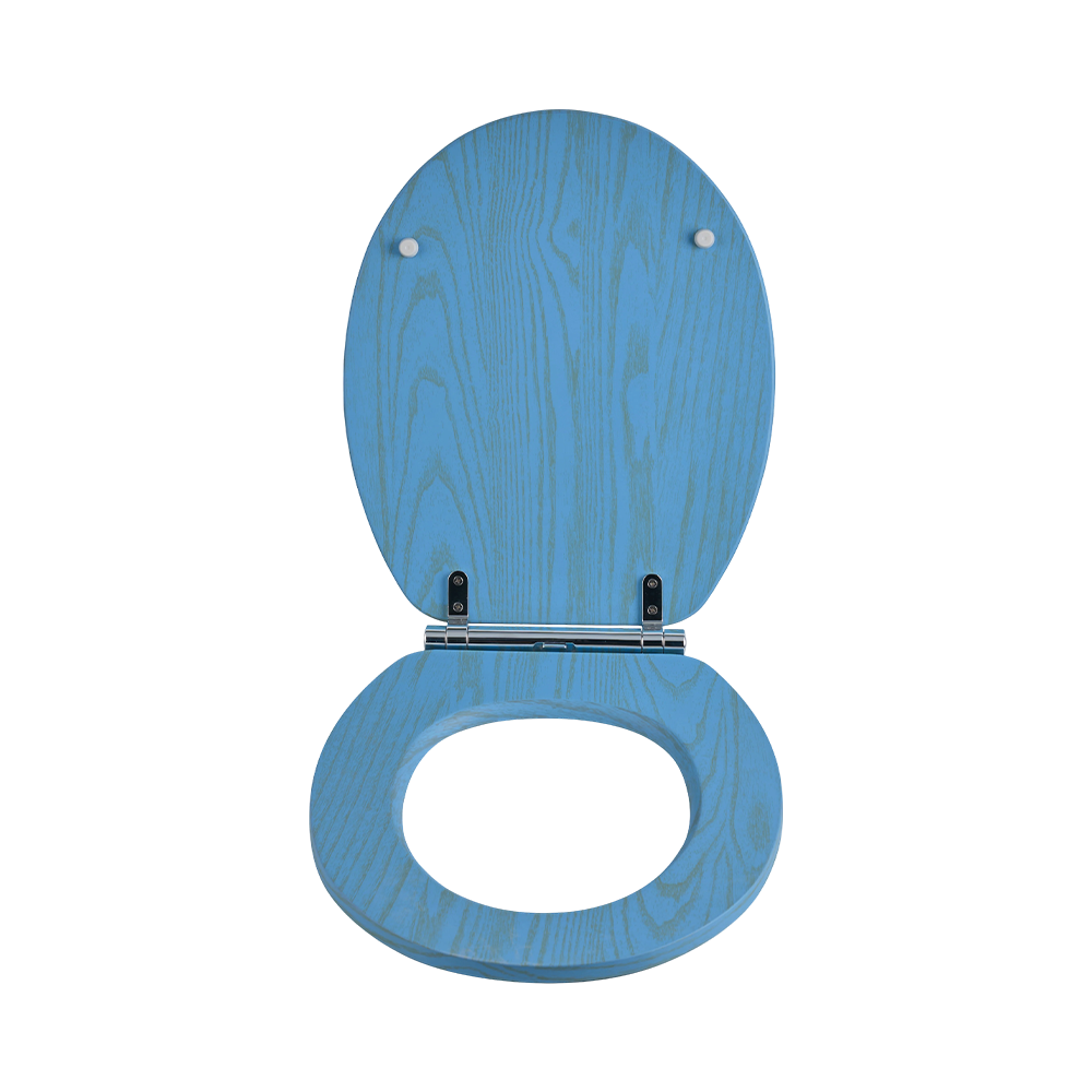 Flat MDF toilet seat with natural yellow grain on a blue background Flat MDF toilet seat with natural yellow grain on a blue background