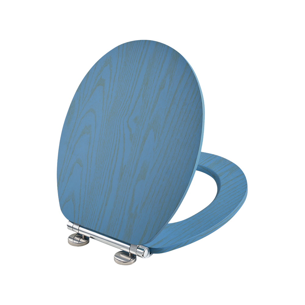 Flat MDF toilet seat with natural yellow grain on a blue background Flat MDF toilet seat with natural yellow grain on a blue background