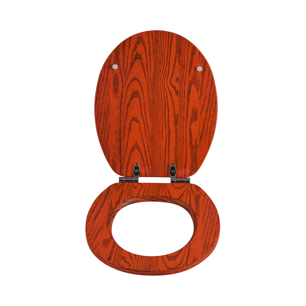 Flat MDF toilet seat with black natural grain on an orange background Flat MDF toilet seat with black natural grain on an orange background