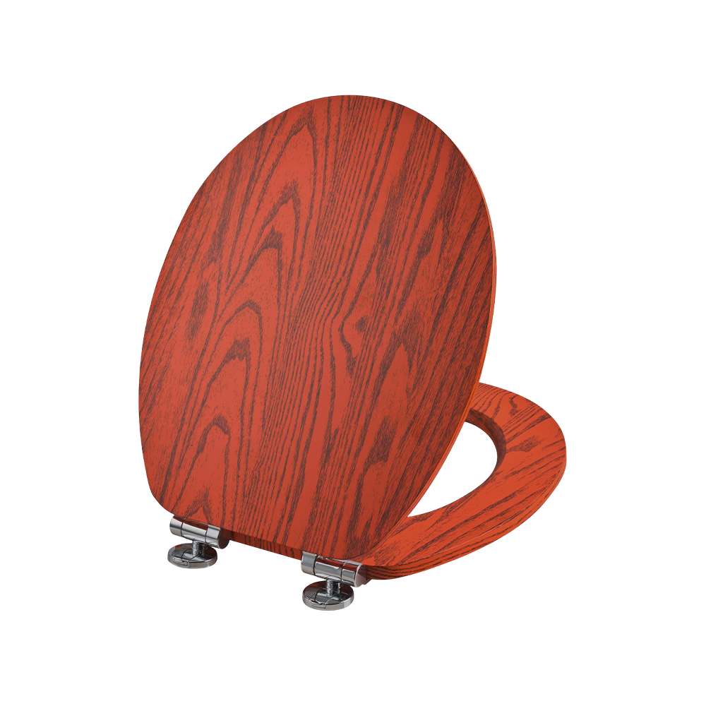 Flat MDF toilet seat with black natural grain on an orange background Flat MDF toilet seat with black natural grain on an orange background