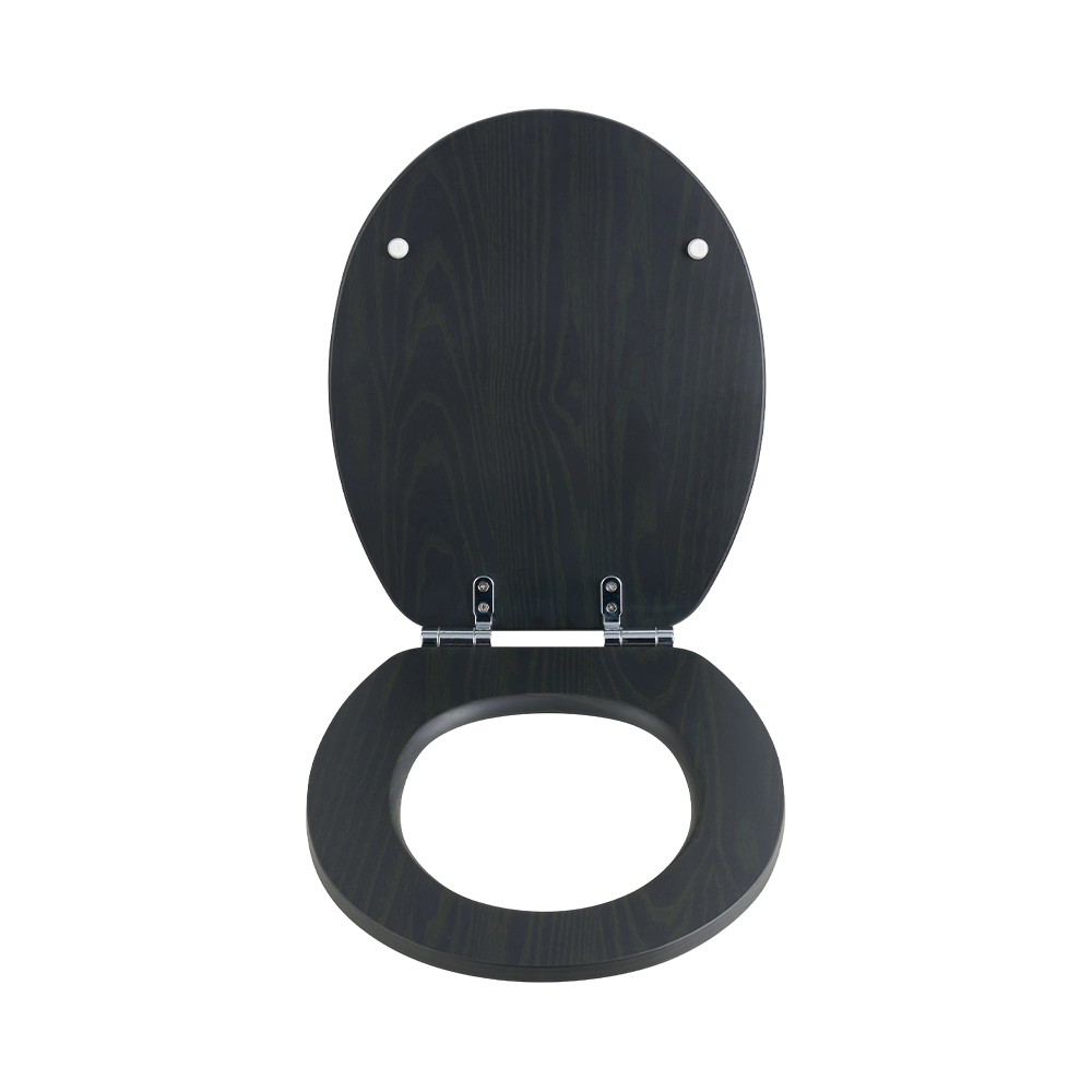 Black MDF toilet seat with natural grain pattern on a black background Black MDF toilet seat with natural grain pattern on a black background