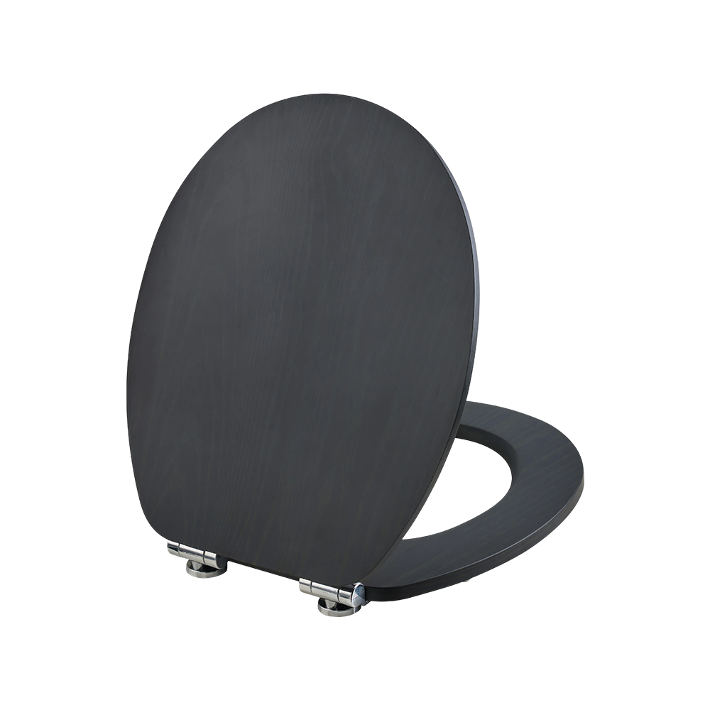 Black MDF toilet seat with natural grain pattern on a black background Black MDF toilet seat with natural grain pattern on a black background