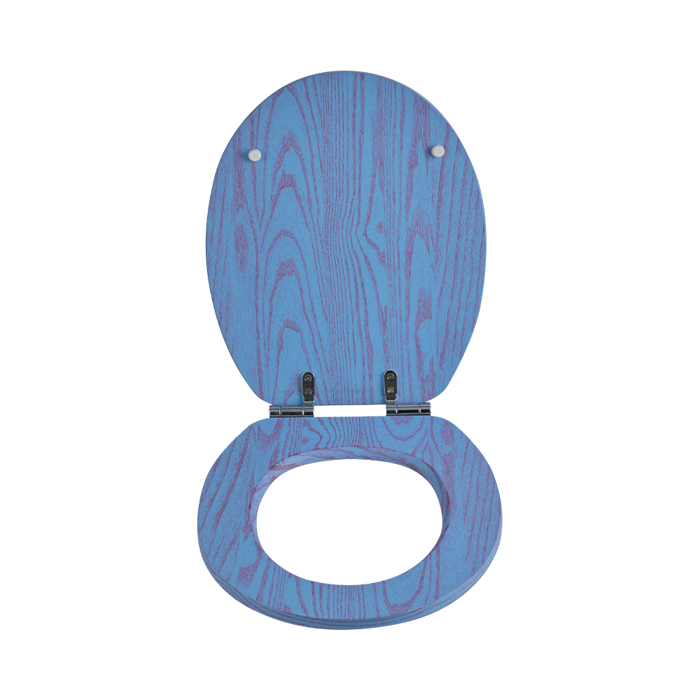 Flat MDF toilet seat with red natural grain on a blue background Flat MDF toilet seat with red natural grain on a blue background