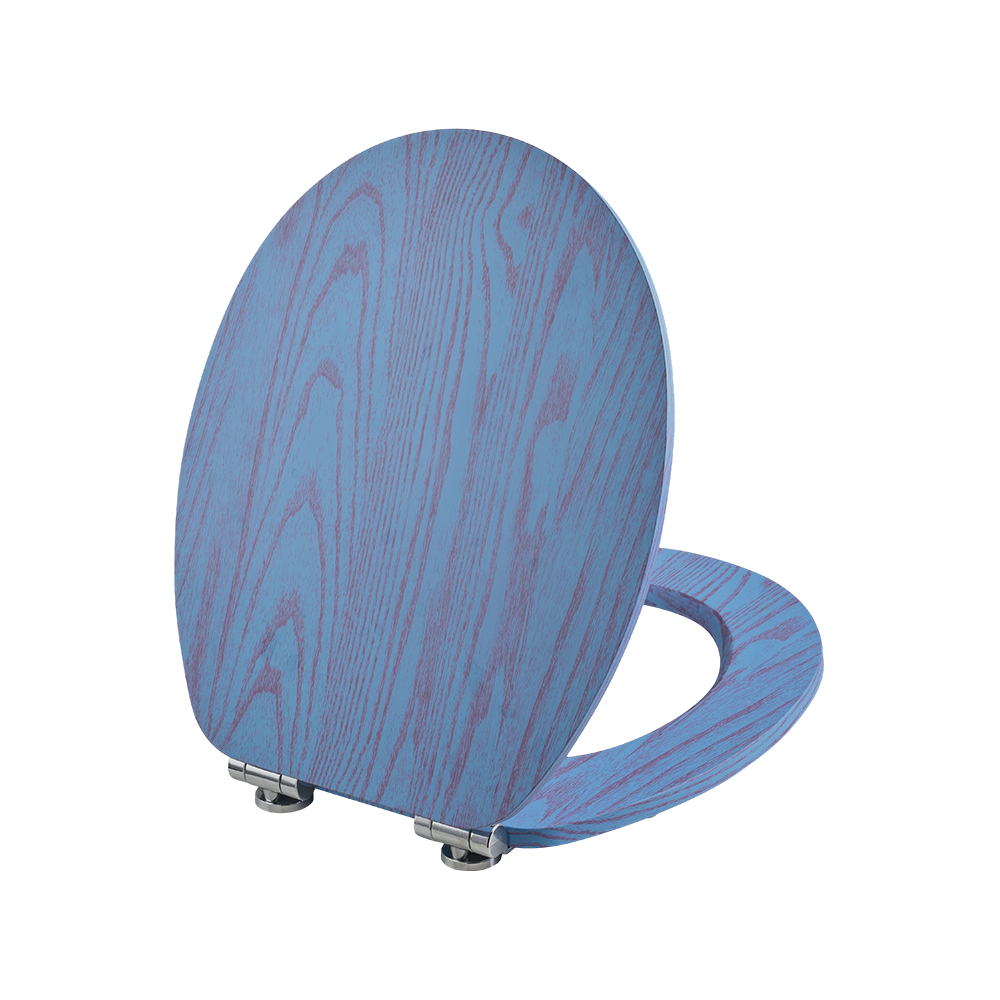 Flat MDF toilet seat with red natural grain on a blue background Flat MDF toilet seat with red natural grain on a blue background
