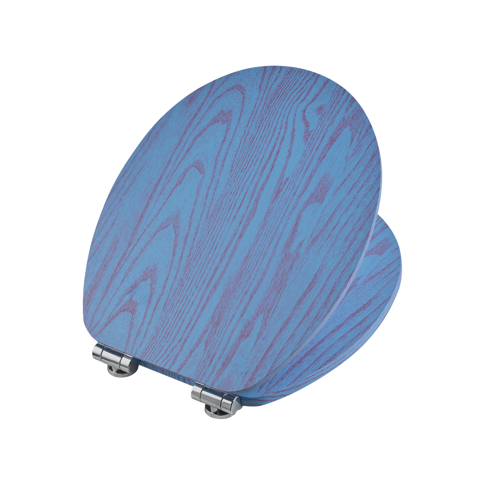 Flat MDF toilet seat with red natural grain on a blue background Flat MDF toilet seat with red natural grain on a blue background